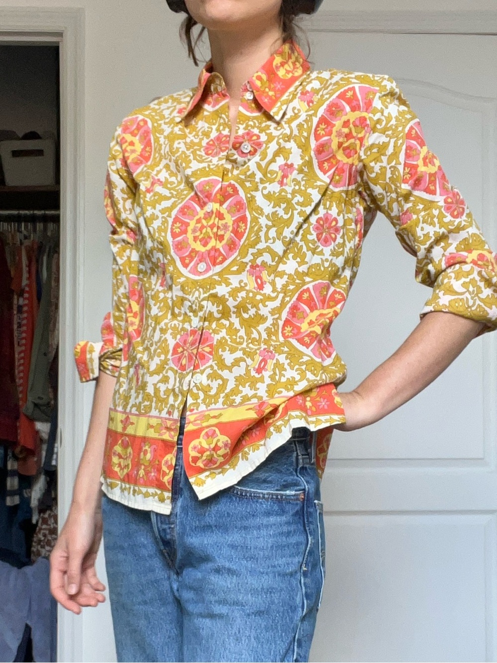 Lucky Brand Mustard, olive and Coral Floral Button-Up Top